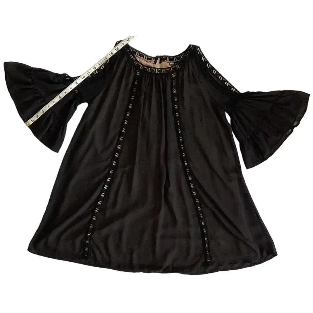 INA Cold Shoulder Bell‎ Sleeve Crochet Mini Shift Dress Black S